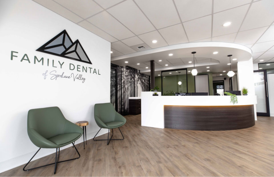 inside view of the waiting room and front desk at Family Dental of Spokane Valley